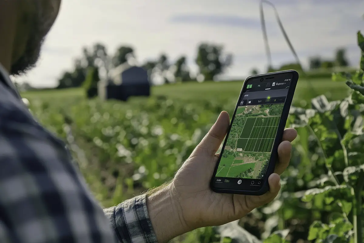 Landwirt überprüft mit Smartphone die ^ und Felddaten auf einer landwirtschaftlichen App